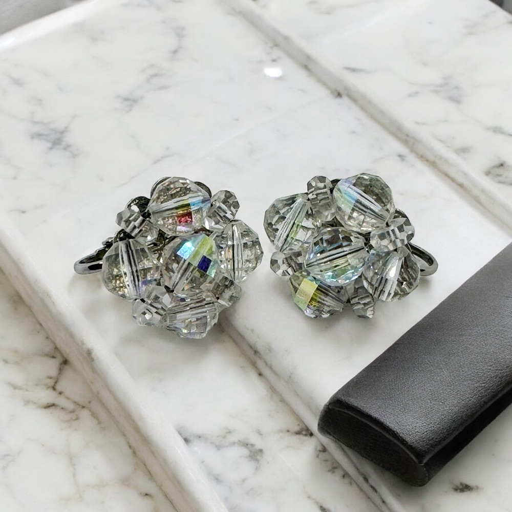 Laguna Vintage Clip On Earrings Aurora Borealis Clear Cluster Beads